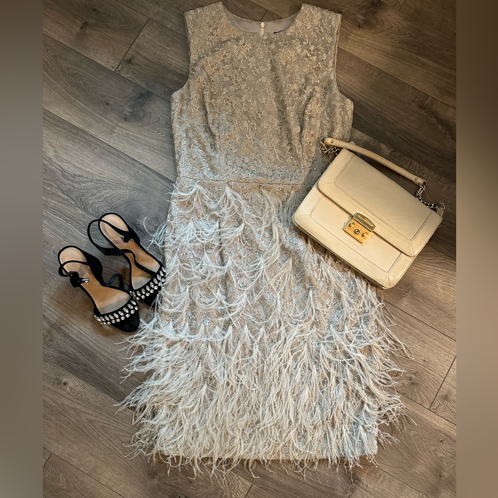 David Meister Champagne Feather Cocktail Dress